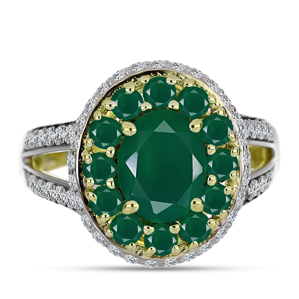 Anillo de Plata Bañada en Oro con Ágata Verde y Topacio Blanco