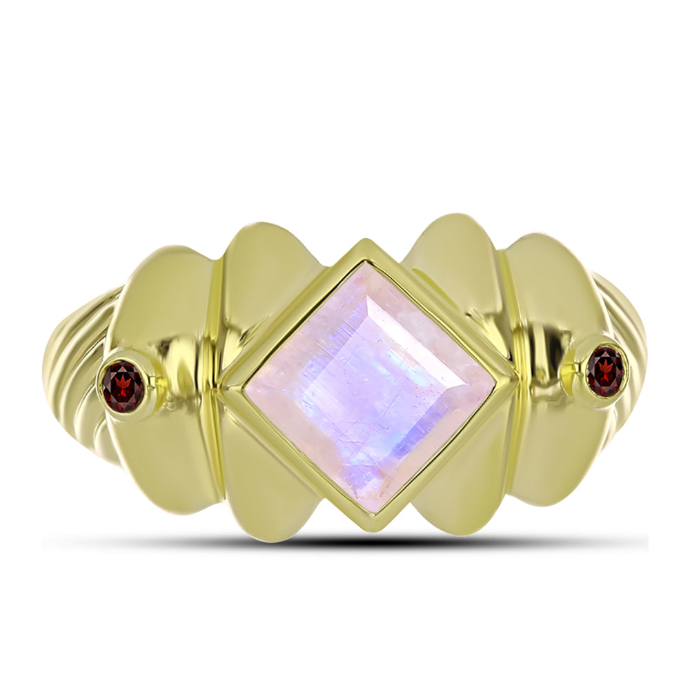 Anillo de Plata Bañada en Oro con Piedra Lunar Arco Iris y Granate Barton