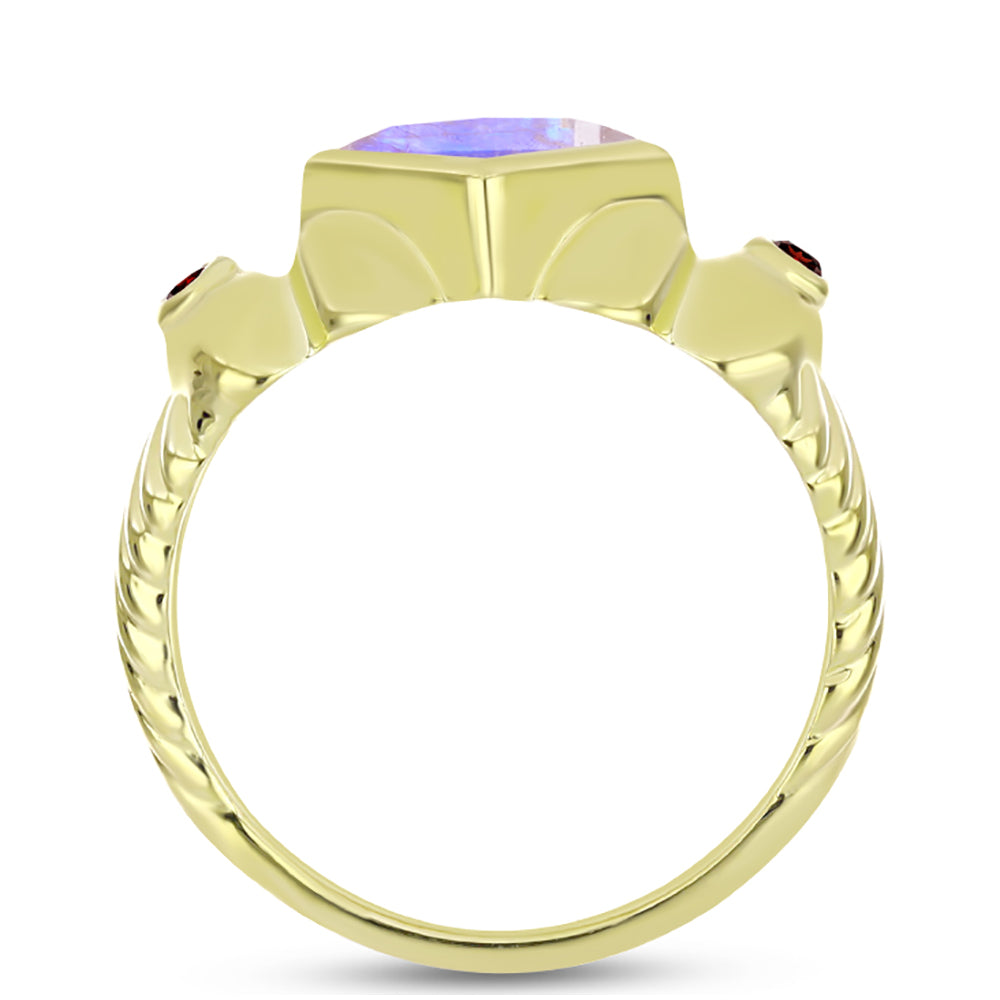Anillo de Plata Bañada en Oro con Piedra Lunar Arco Iris y Granate Barton 2 
