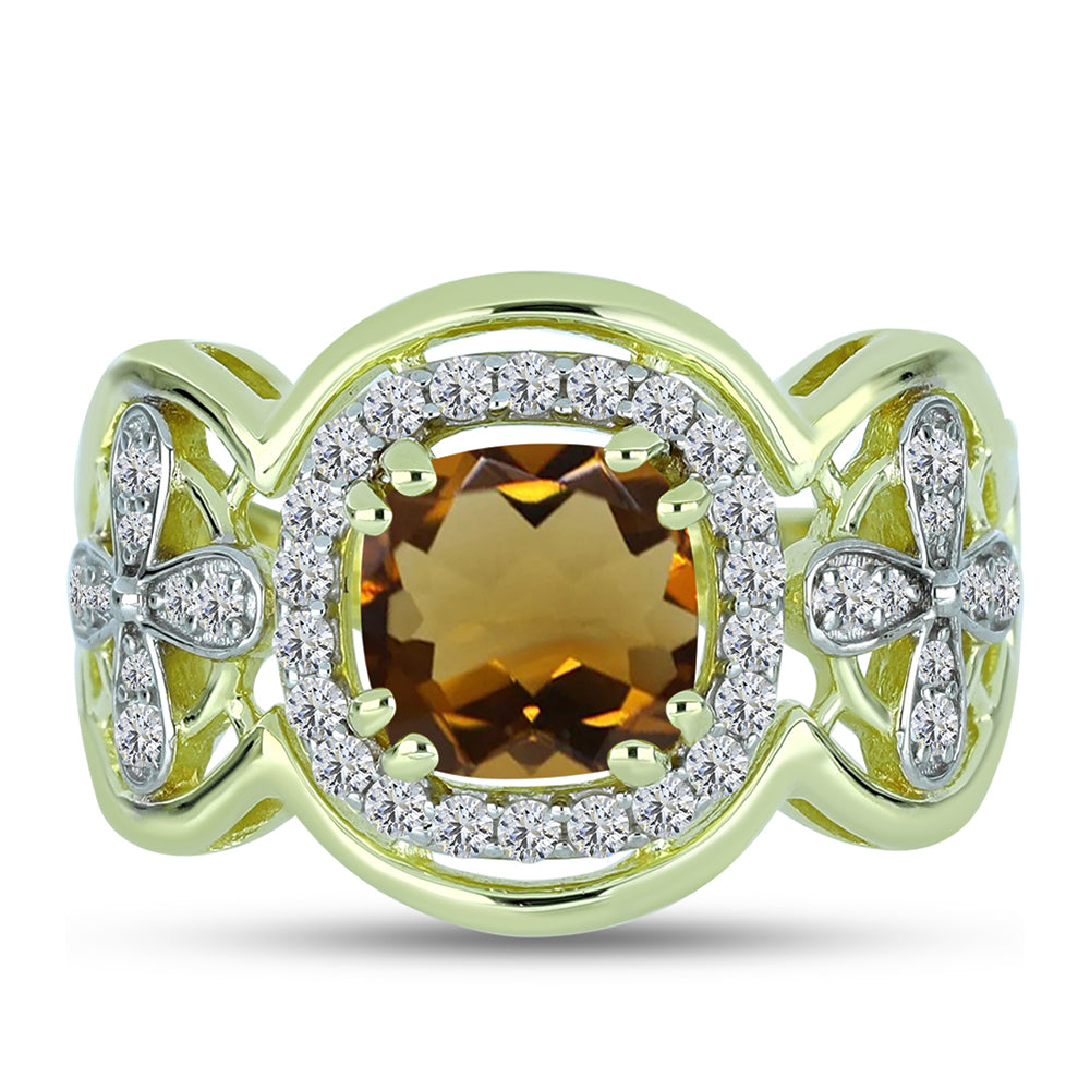 Anillo de Plata Bañada en Oro con Cuarzo Coñac y Topacio Blanco 1 