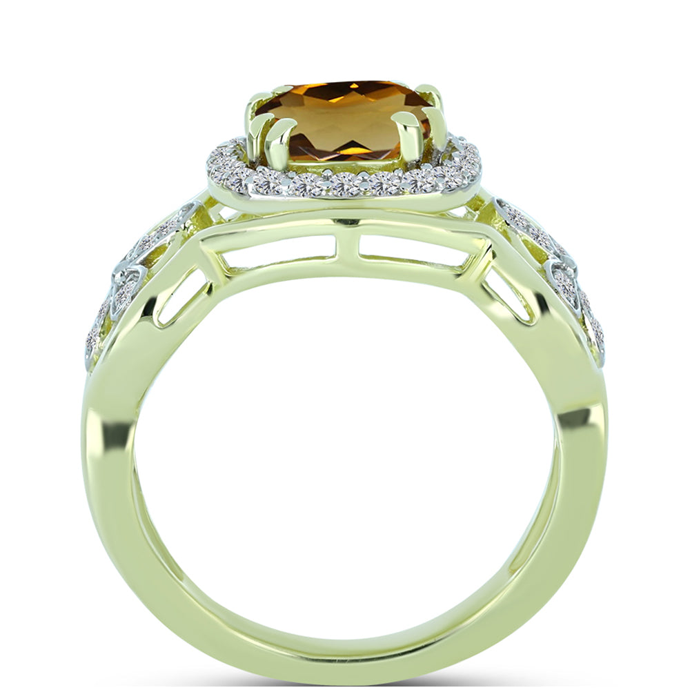 Anillo de Plata Bañada en Oro con Cuarzo Coñac y Topacio Blanco