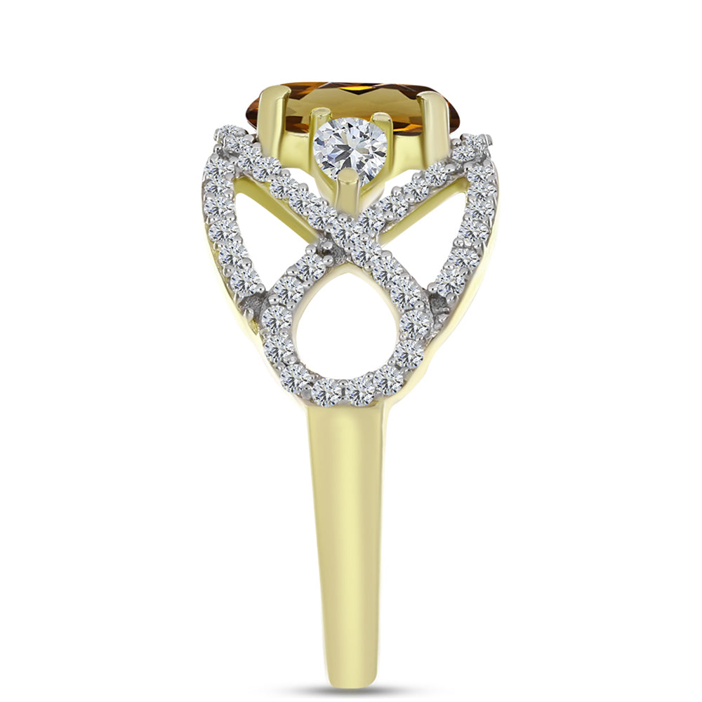 Anillo de Plata Bañada en Oro con Cuarzo Coñac y Topacio Blanco 4 
