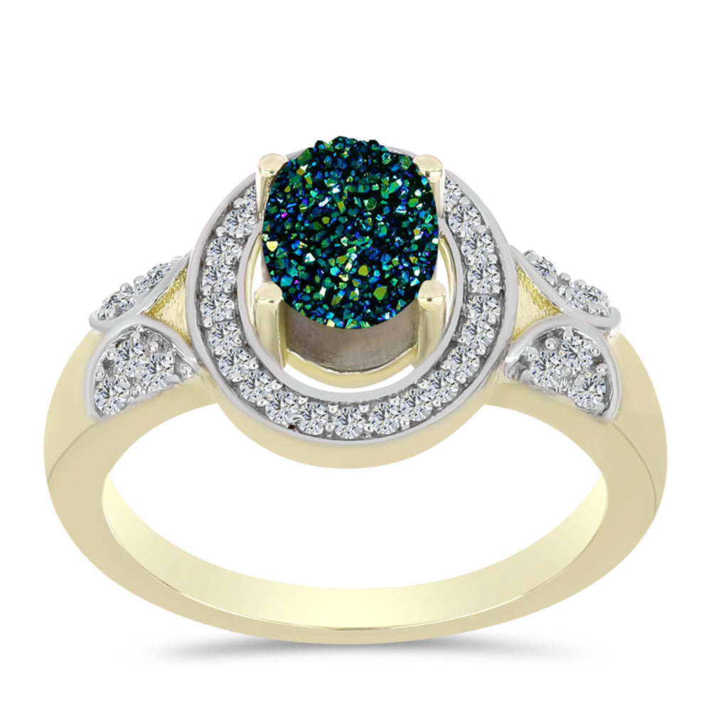 Anillo de Plata Bañada en Oro con Drusa Verde y Topacio Blanco