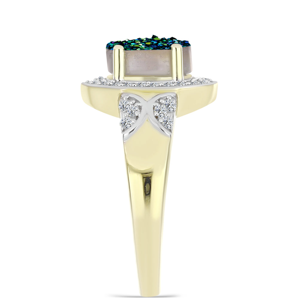 Anillo de Plata Bañada en Oro con Drusa Verde y Topacio Blanco 4 
