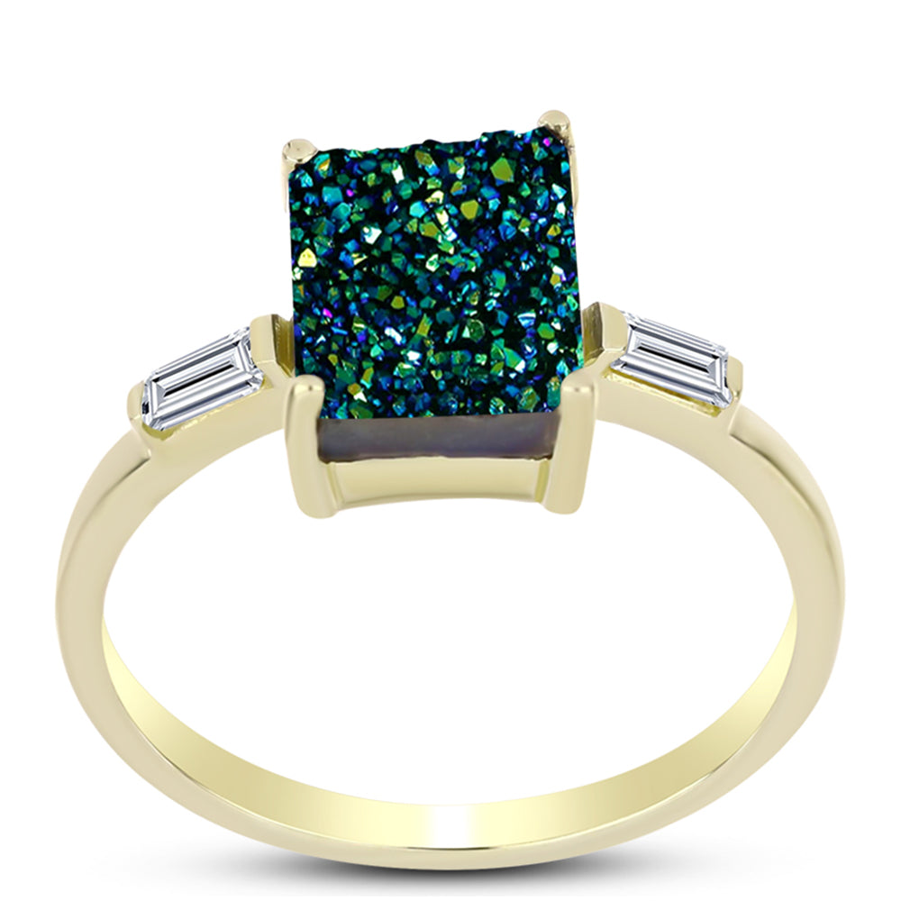 Anillo de Plata Bañada en Oro con Drusa Verde y Topacio Blanco 3 