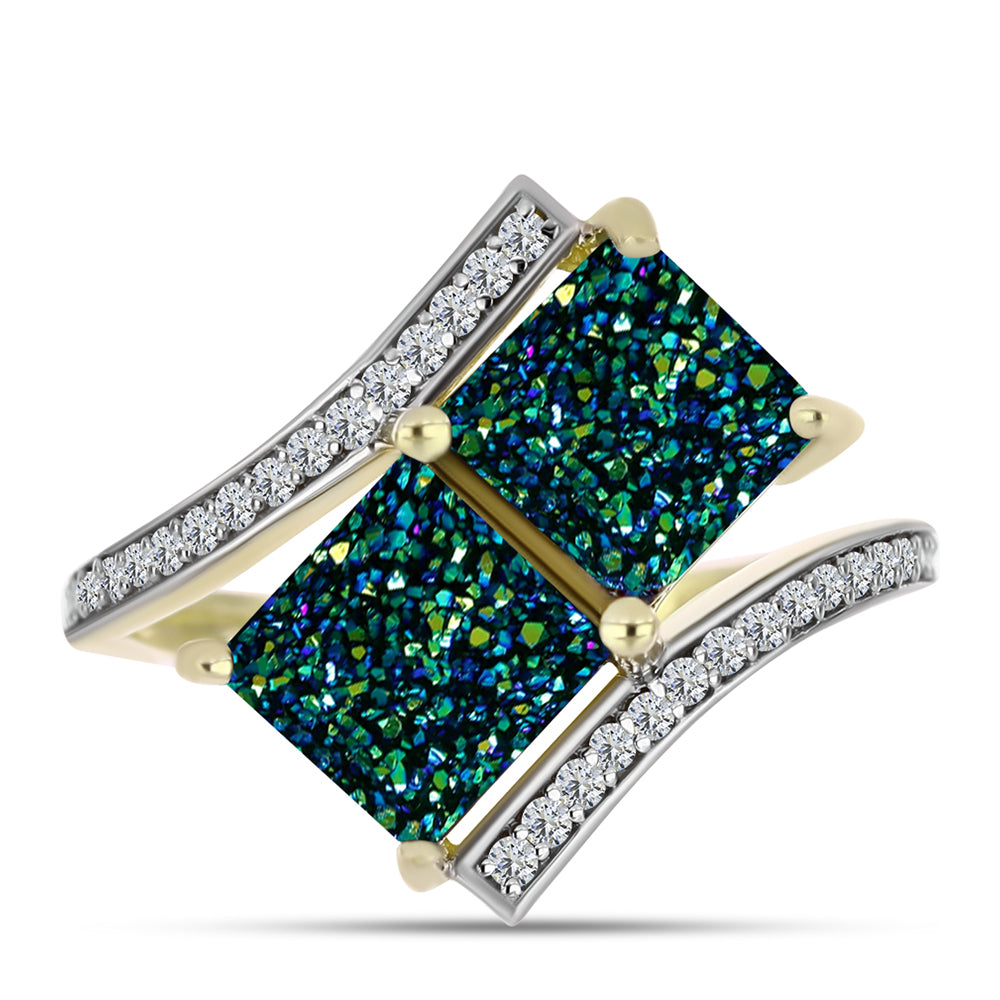 Anillo de Plata Bañada en Oro con Drusa Verde y Topacio Blanco 1 