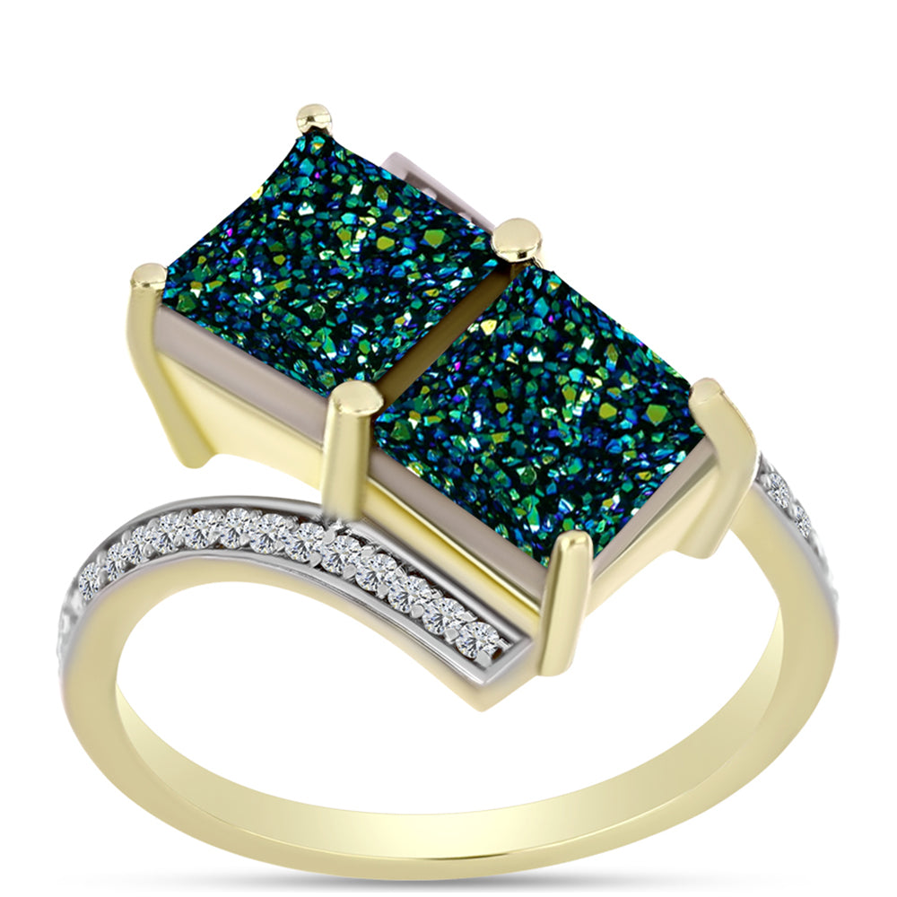 Anillo de Plata Bañada en Oro con Drusa Verde y Topacio Blanco