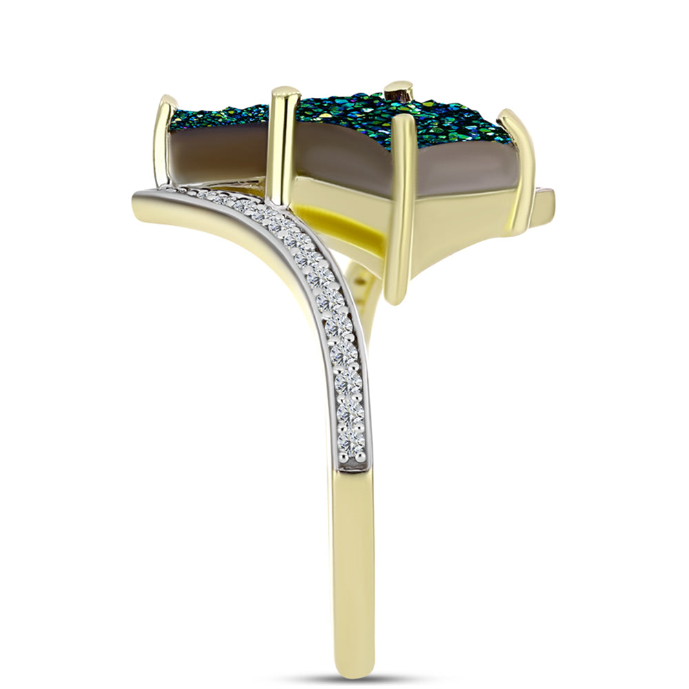 Anillo de Plata Bañada en Oro con Drusa Verde y Topacio Blanco 4 