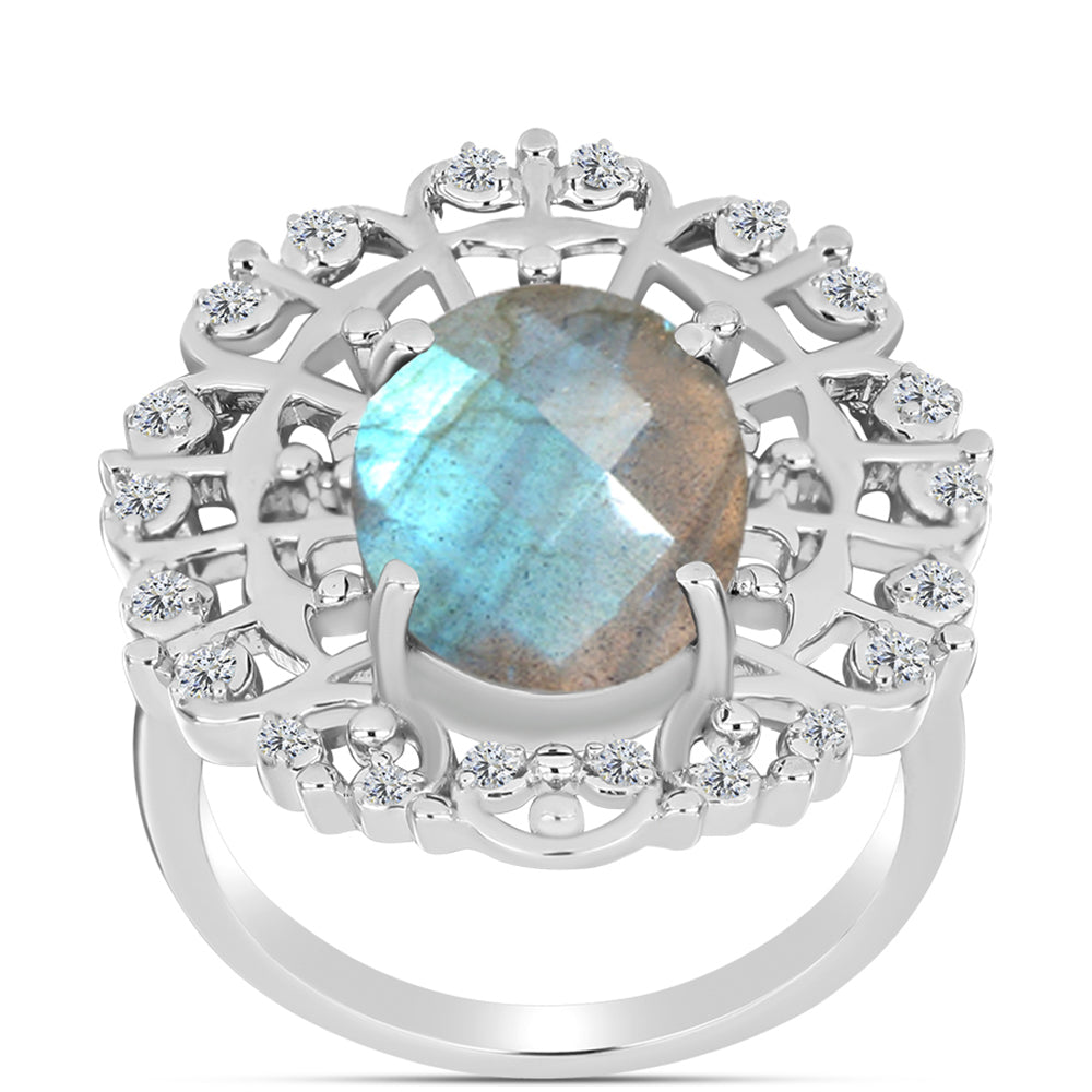 Anillo de Plata con Labradorita y Topacio Blanco