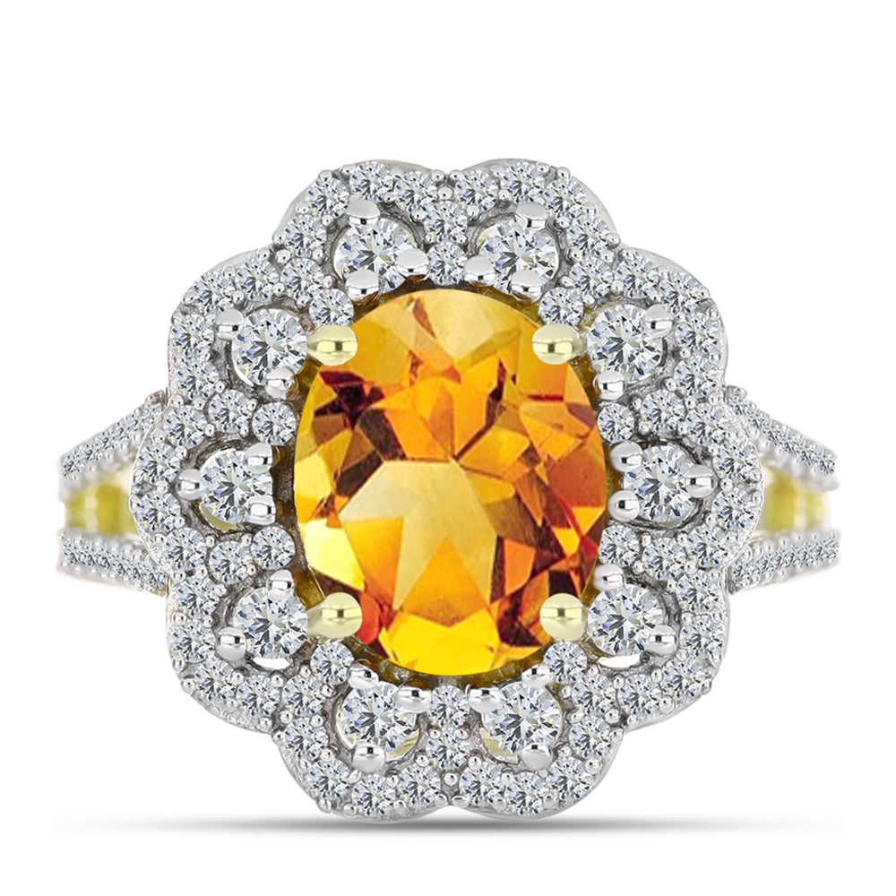 Anillo de Plata Bañada en Oro con Citrino de Río del Oro y Topacio Blanco