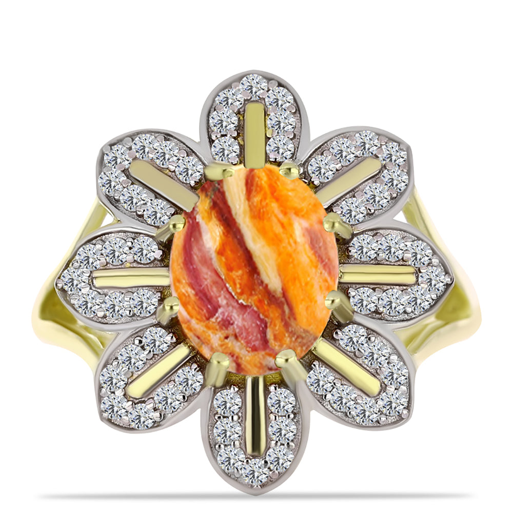 Anillo de Plata Bañada en Oro con Jaspe Garra de León y Topacio Blanco 1 