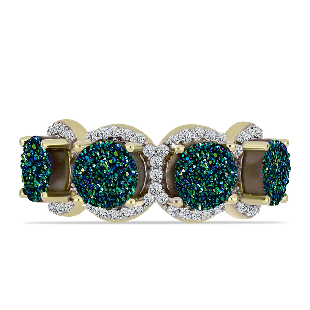 Anillo de Plata Bañada en Oro con Drusa Verde y Topacio Blanco