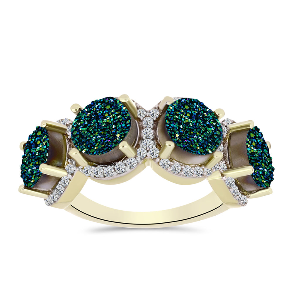 Anillo de Plata Bañada en Oro con Drusa Verde y Topacio Blanco