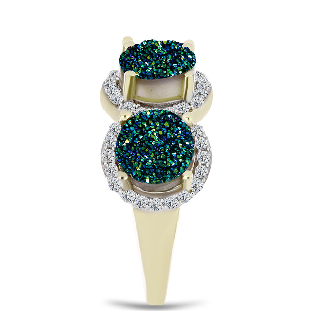 Anillo de Plata Bañada en Oro con Drusa Verde y Topacio Blanco 4 