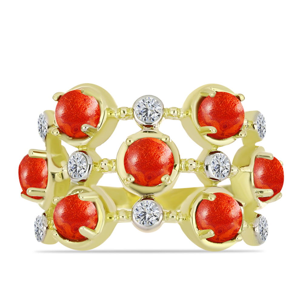 Anillo de Plata Bañada en Oro con Coral de Esponja Roja y Topacio Blanco 1 