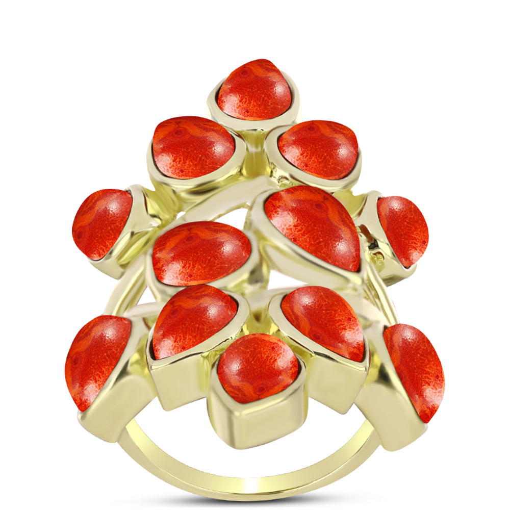 Anillo de Plata Bañada en Oro con Coral de Esponja Roja 3 