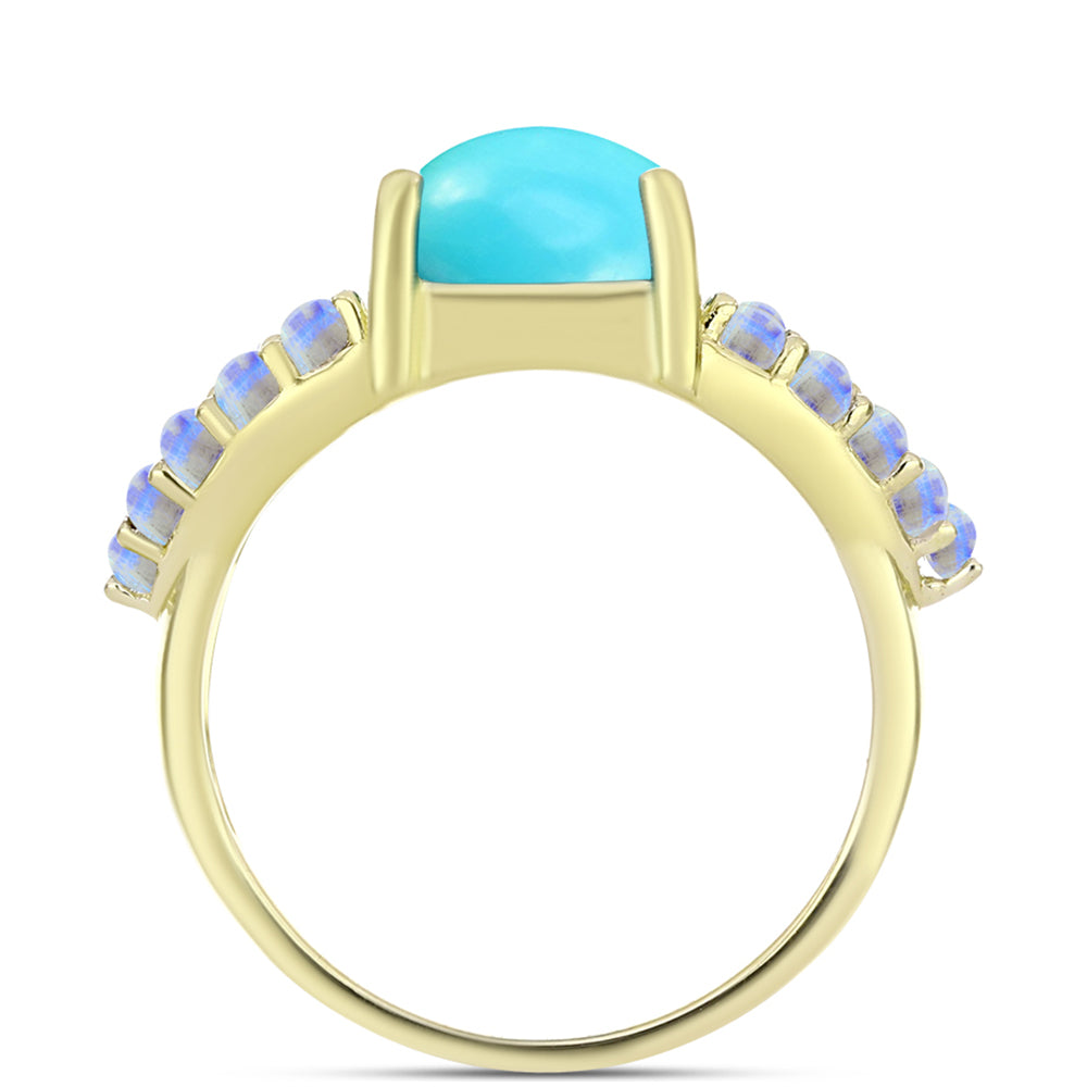 Anillo de Plata Bañada en Oro con Turquesa Bella Durmiente y Piedra Lunar Arco Iris 2 