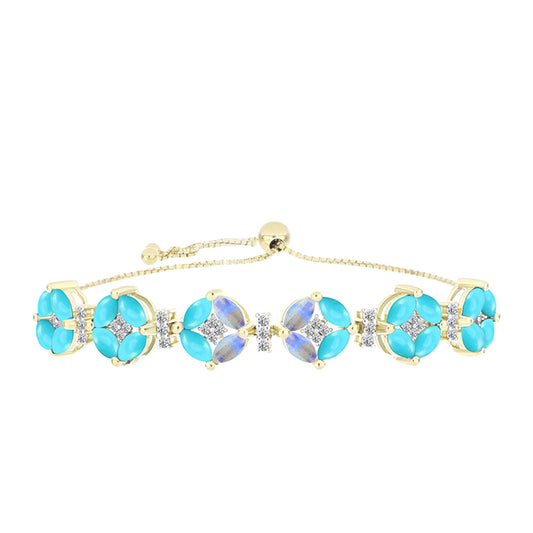 Pulsera de Plata Bañada en Oro con Turquesa Bella Durmiente y Piedra Lunar Arco Iris