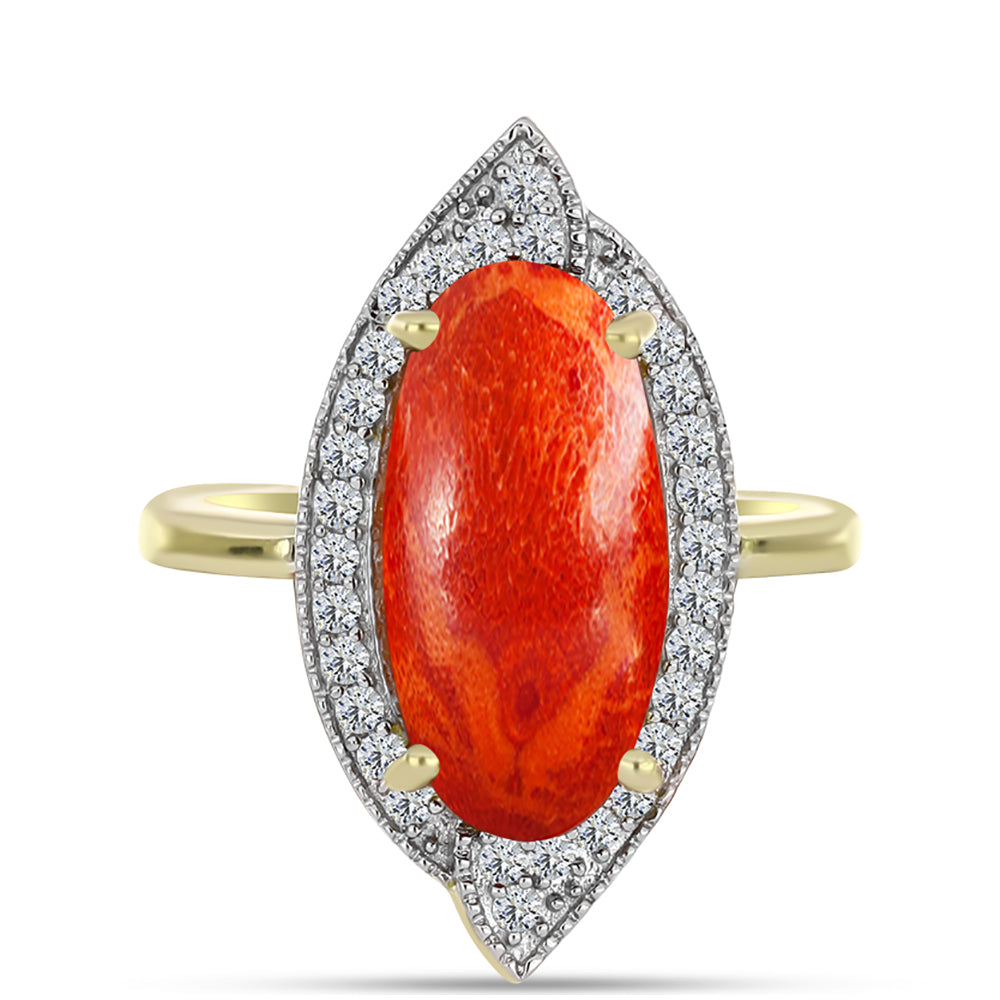 Anillo de Plata Bañada en Oro con Coral de Esponja Roja y Topacio Blanco 1 