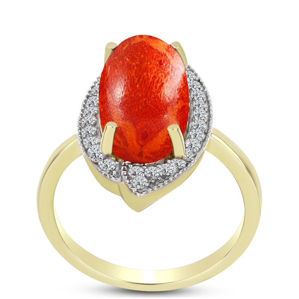 Anillo de Plata Bañada en Oro con Coral de Esponja Roja y Topacio Blanco