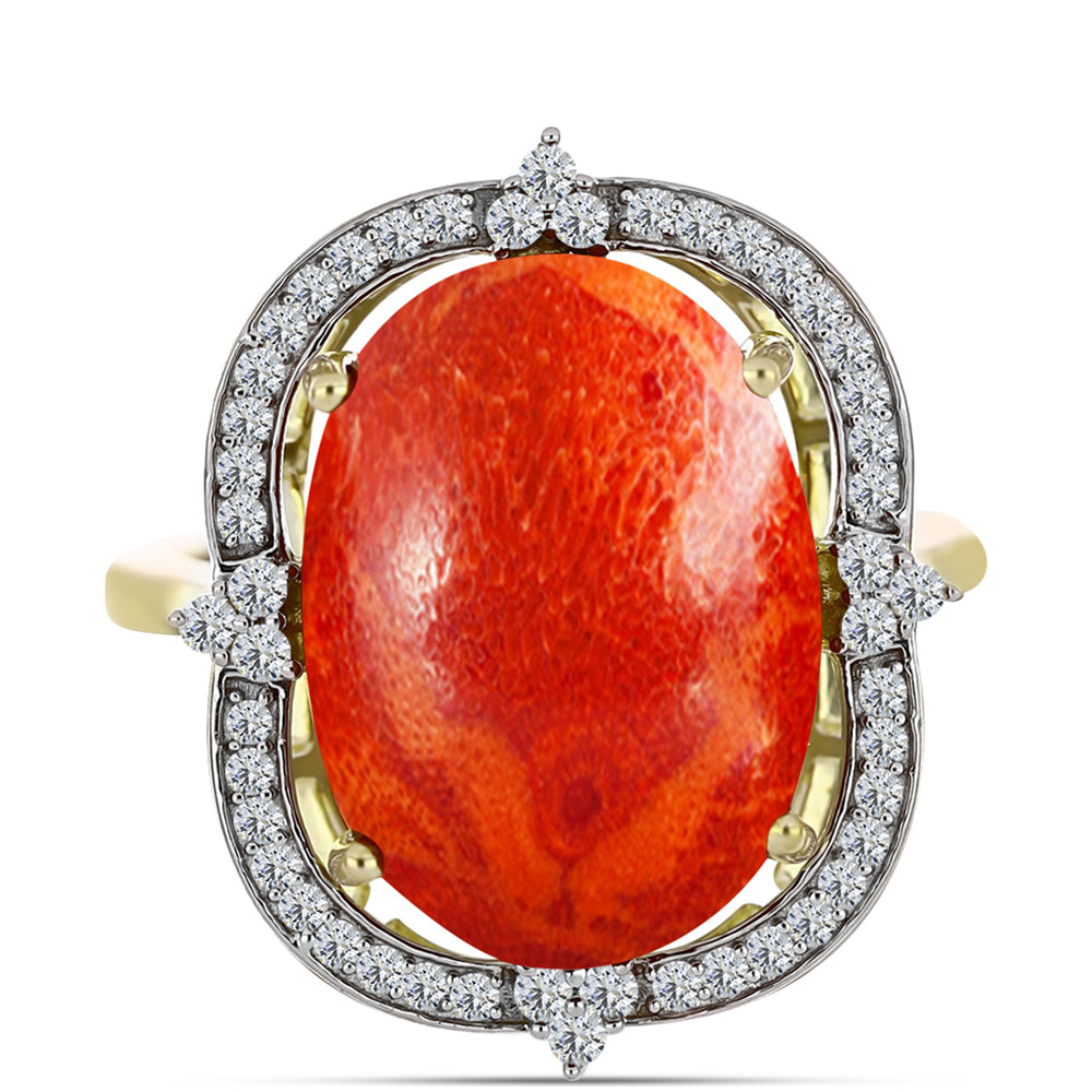 Anillo de Plata Bañada en Oro con Coral de Esponja Roja y Topacio Blanco 1 