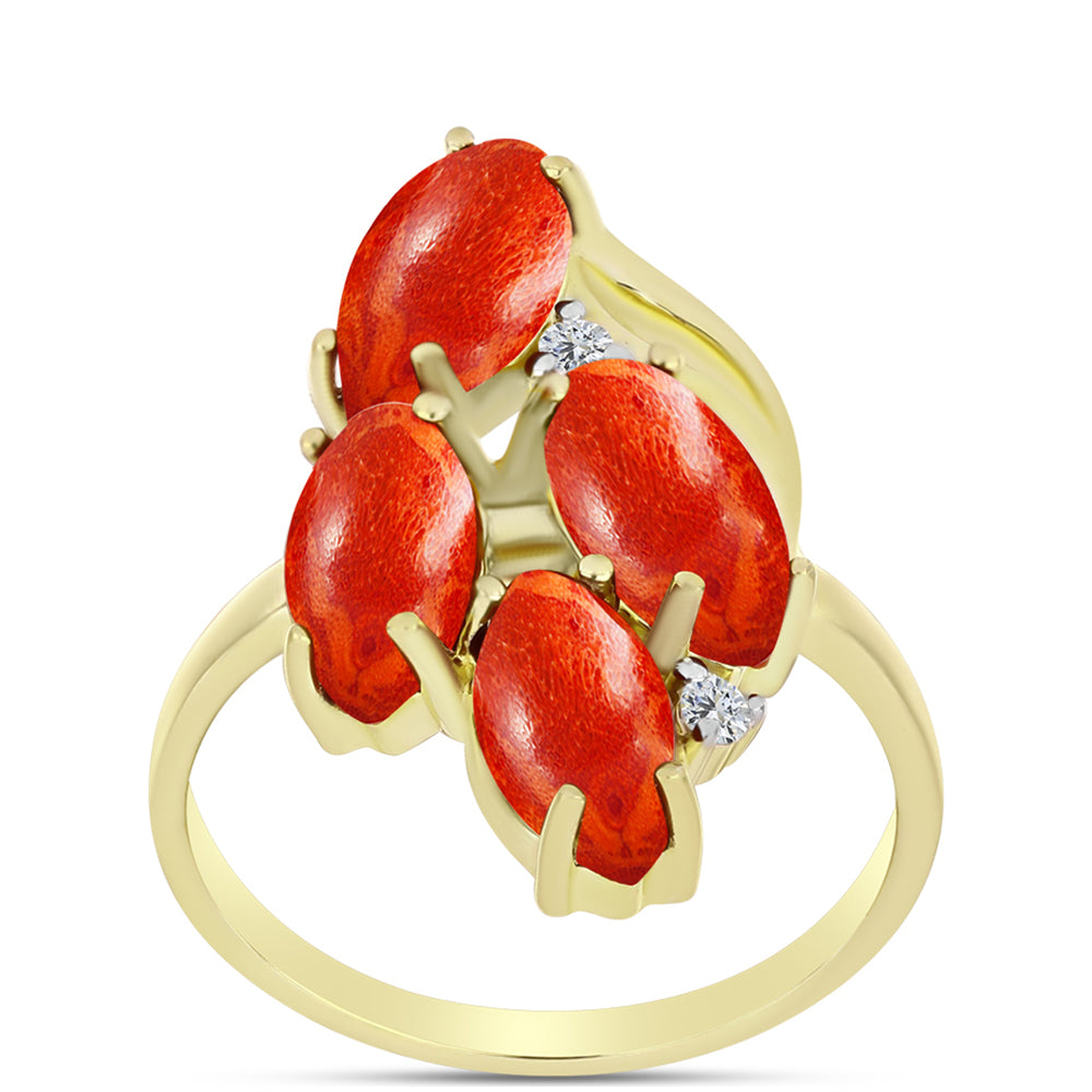 Anillo de Plata Bañada en Oro con Coral de Esponja Roja y Topacio Blanco