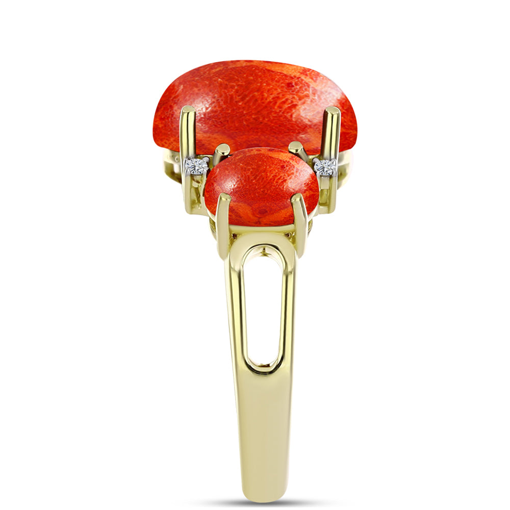 Anillo de Plata Bañada en Oro con Coral de Esponja Roja y Topacio Blanco