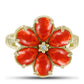 Anillo de Plata Bañada en Oro con Coral de Esponja Roja y Topacio Blanco