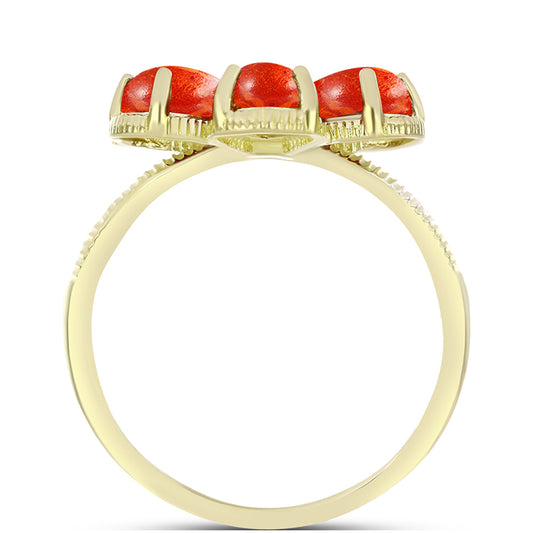 Anillo de Plata Bañada en Oro con Coral de Esponja Roja y Topacio Blanco