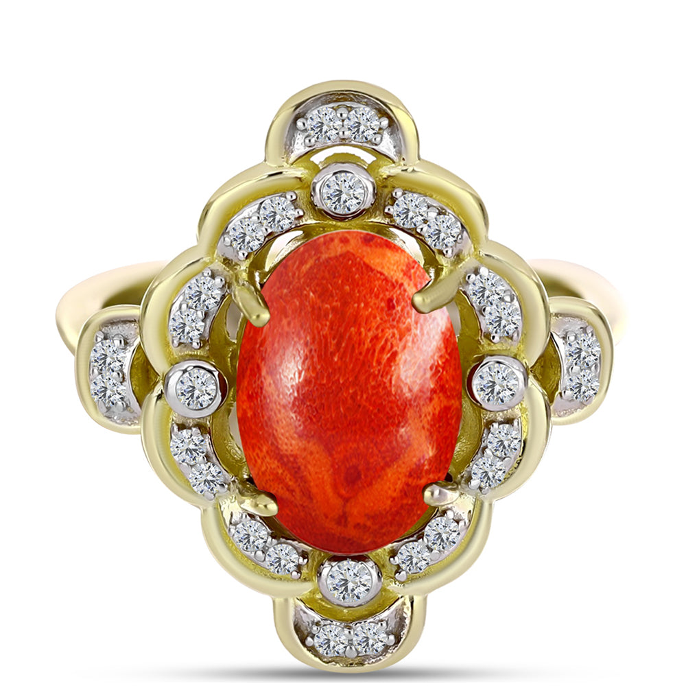 Anillo de Plata Bañada en Oro con Coral de Esponja Roja y Topacio Blanco