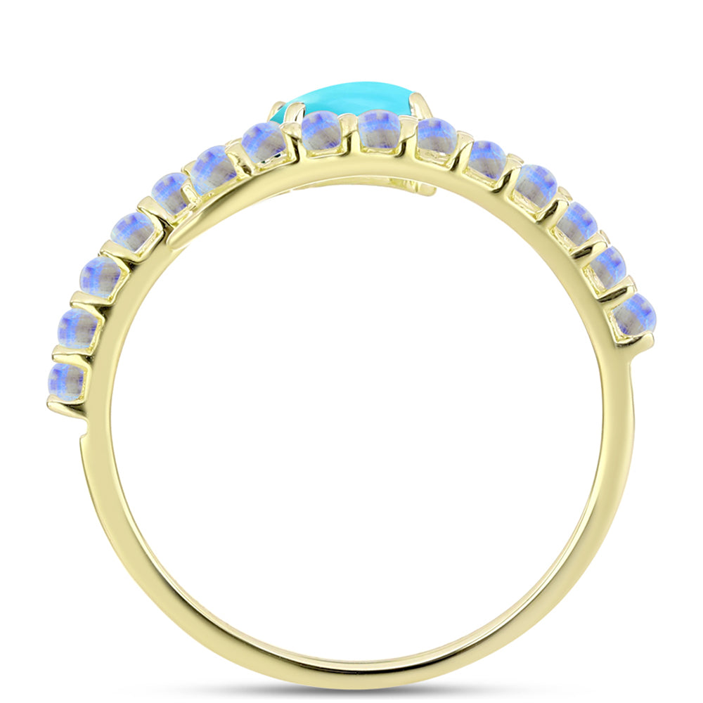 Anillo de Plata Bañada en Oro con Turquesa Bella Durmiente y Piedra Lunar Arco Iris 2 