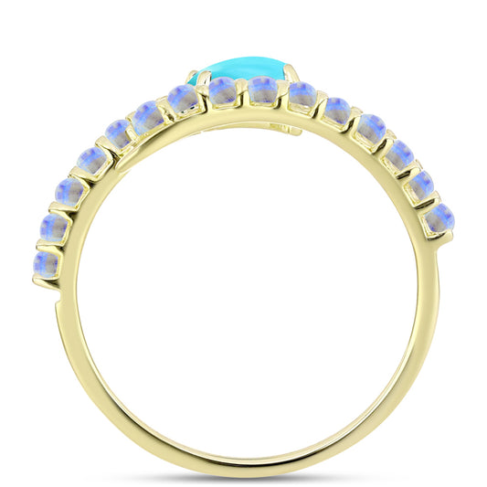 Anillo de Plata Bañada en Oro con Turquesa Bella Durmiente y Piedra Lunar Arco Iris