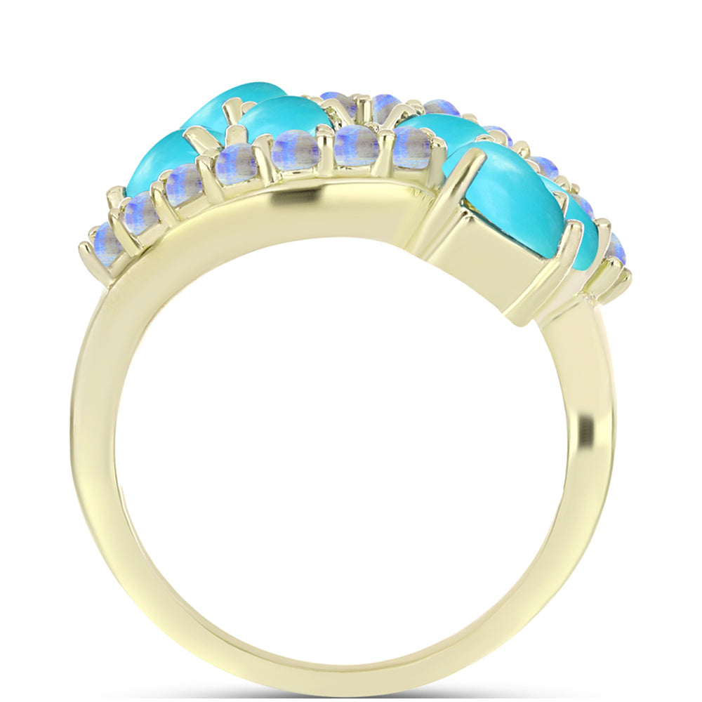 Anillo de Plata Bañada en Oro con Turquesa Bella Durmiente y Piedra Lunar Arco Iris 2 