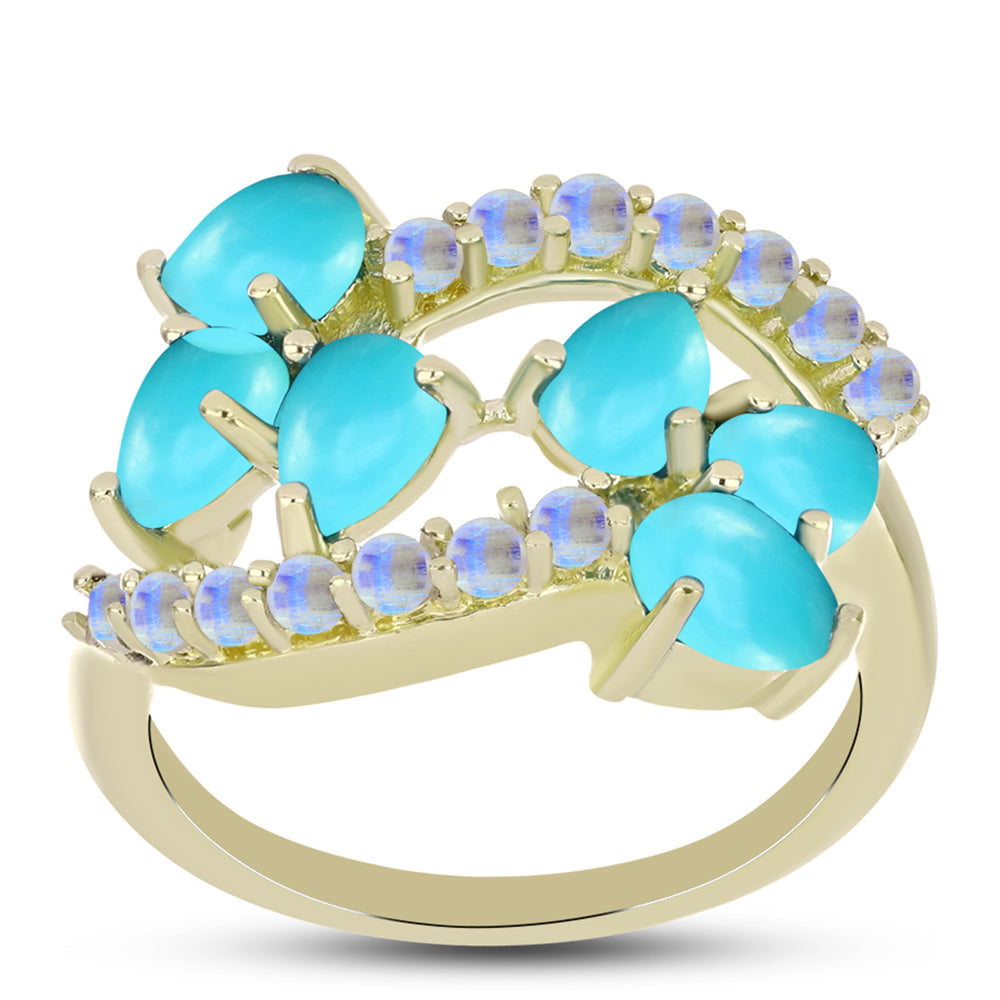 Anillo de Plata Bañada en Oro con Turquesa Bella Durmiente y Piedra Lunar Arco Iris