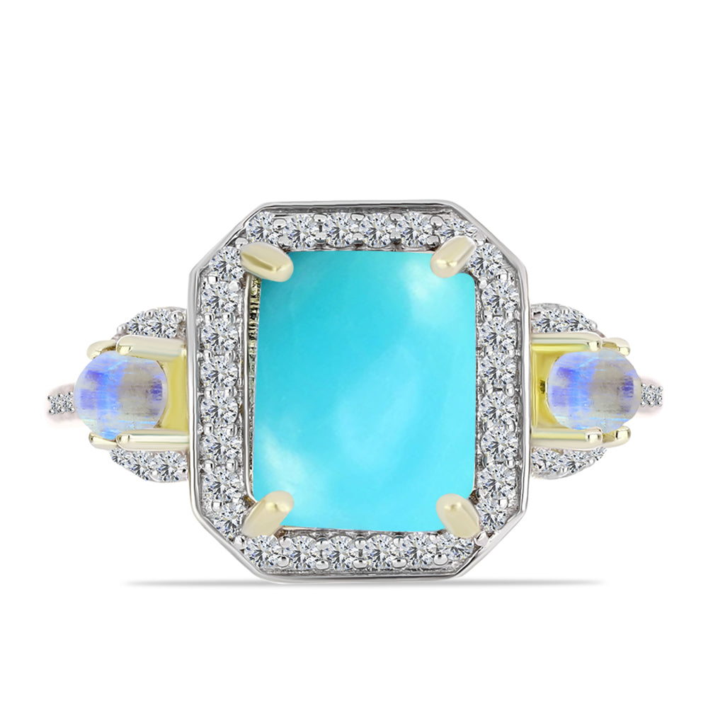 Anillo de Plata Bañada en Oro con Turquesa Bella Durmiente y Piedra Lunar Arco Iris