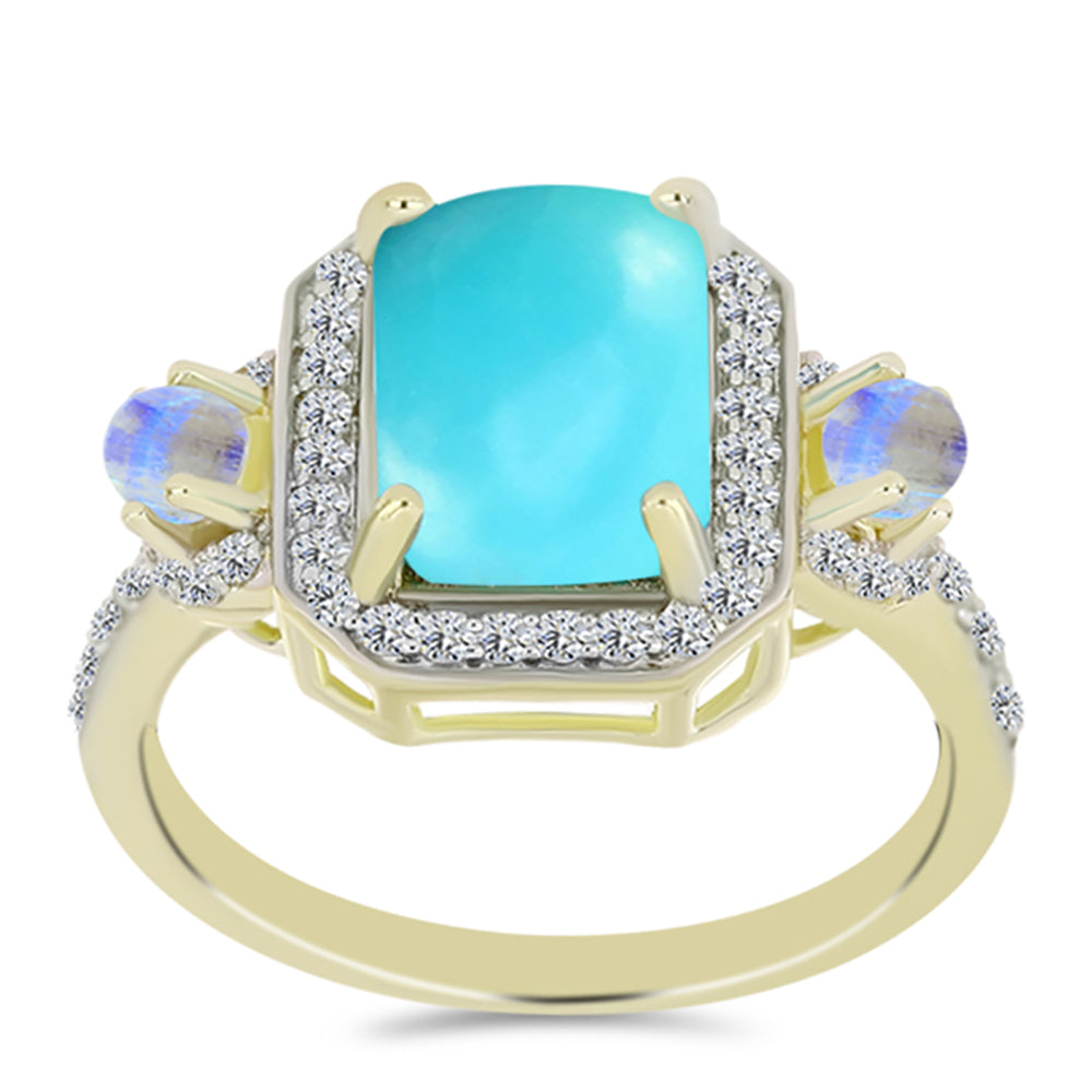 Anillo de Plata Bañada en Oro con Turquesa Bella Durmiente y Piedra Lunar Arco Iris