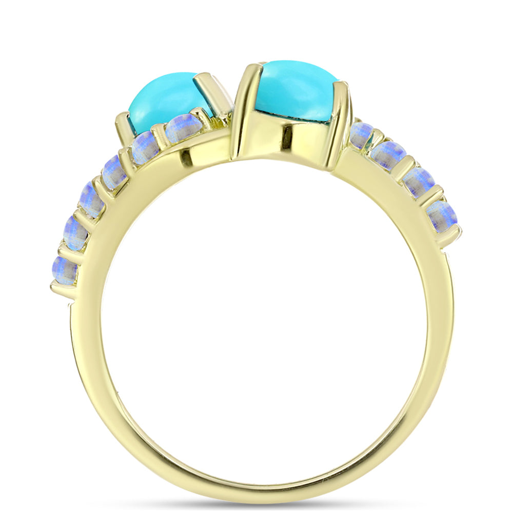 Anillo de Plata Bañada en Oro con Turquesa Bella Durmiente y Piedra Lunar Arco Iris 2 
