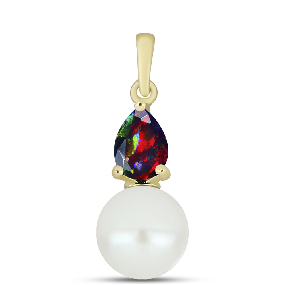 Conjunto de Plata Bañada en Oro con Ópalo negro medianoche Lega Dembi de Ëtiopía y Perla de Agua Dulce ( Pendientes +Anillo +Colgante ) 2 
