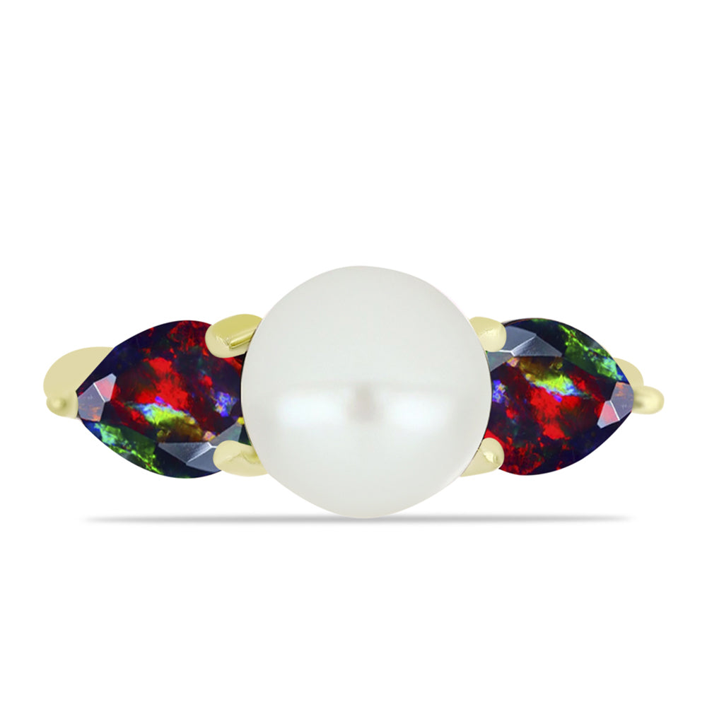 Conjunto de Plata Bañada en Oro con Ópalo negro medianoche Lega Dembi de Ëtiopía y Perla de Agua Dulce ( Pendientes +Anillo +Colgante )