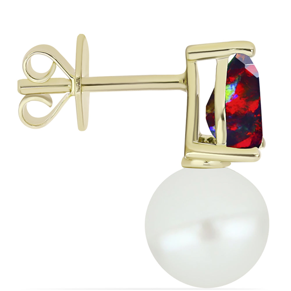 Conjunto de Plata Bañada en Oro con Ópalo negro medianoche Lega Dembi de Ëtiopía y Perla de Agua Dulce ( Pendientes +Anillo +Colgante ) 6 