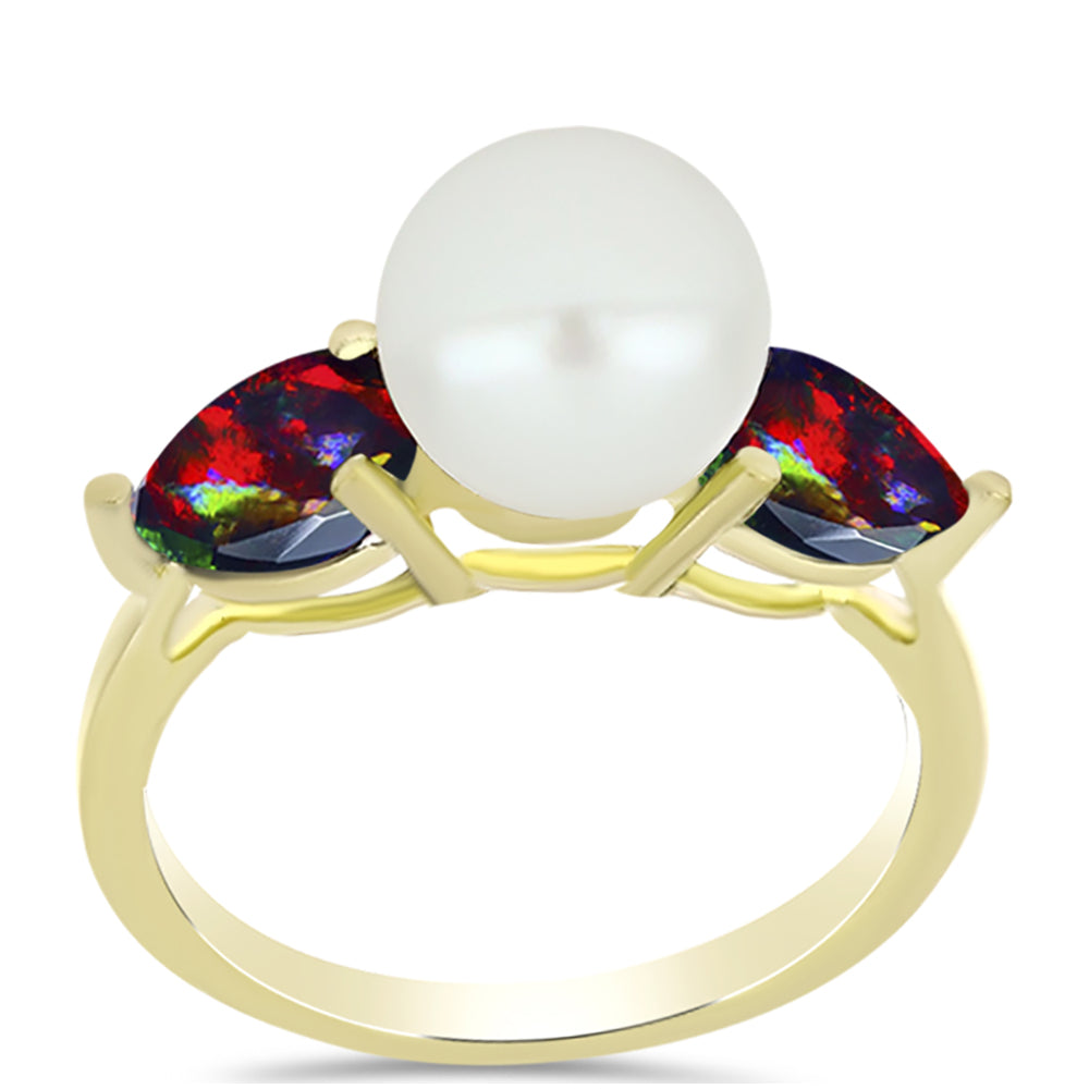 Conjunto de Plata Bañada en Oro con Ópalo negro medianoche Lega Dembi de Ëtiopía y Perla de Agua Dulce ( Pendientes +Anillo +Colgante )