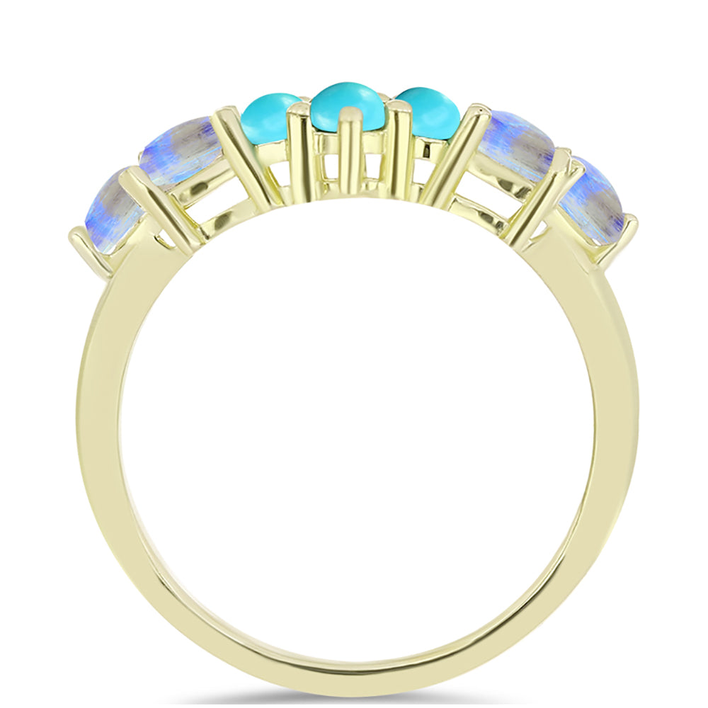 Anillo de Plata Bañada en Oro con Turquesa Bella Durmiente y Piedra Lunar Arco Iris