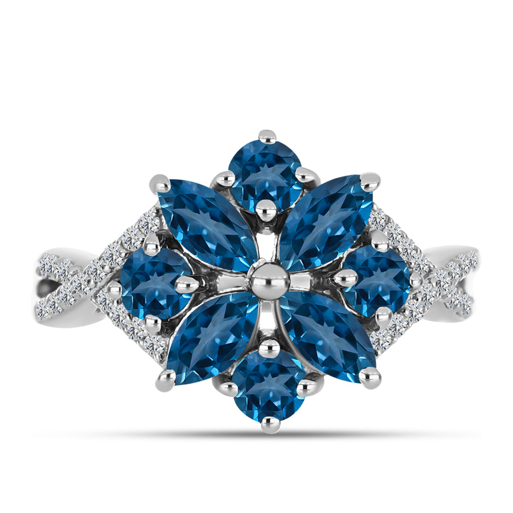 Anillo de Plata con Topacio Azul Londres y Topacio Blanco 1 