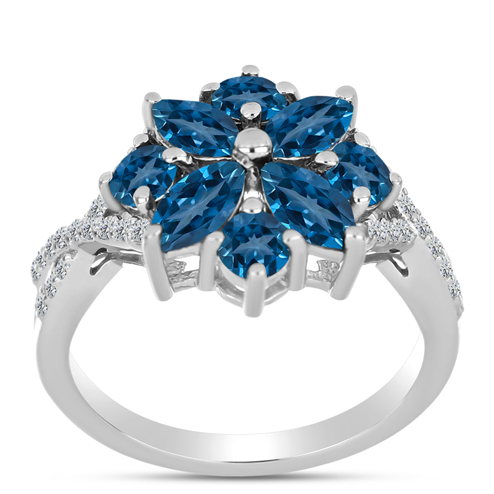 Anillo de Plata con Topacio Azul Londres y Topacio Blanco