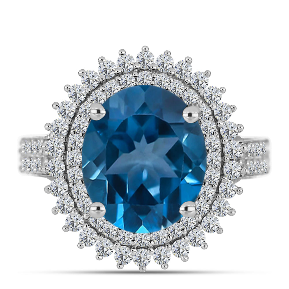 Anillo de Plata con Topacio Azul Londres y Topacio Blanco