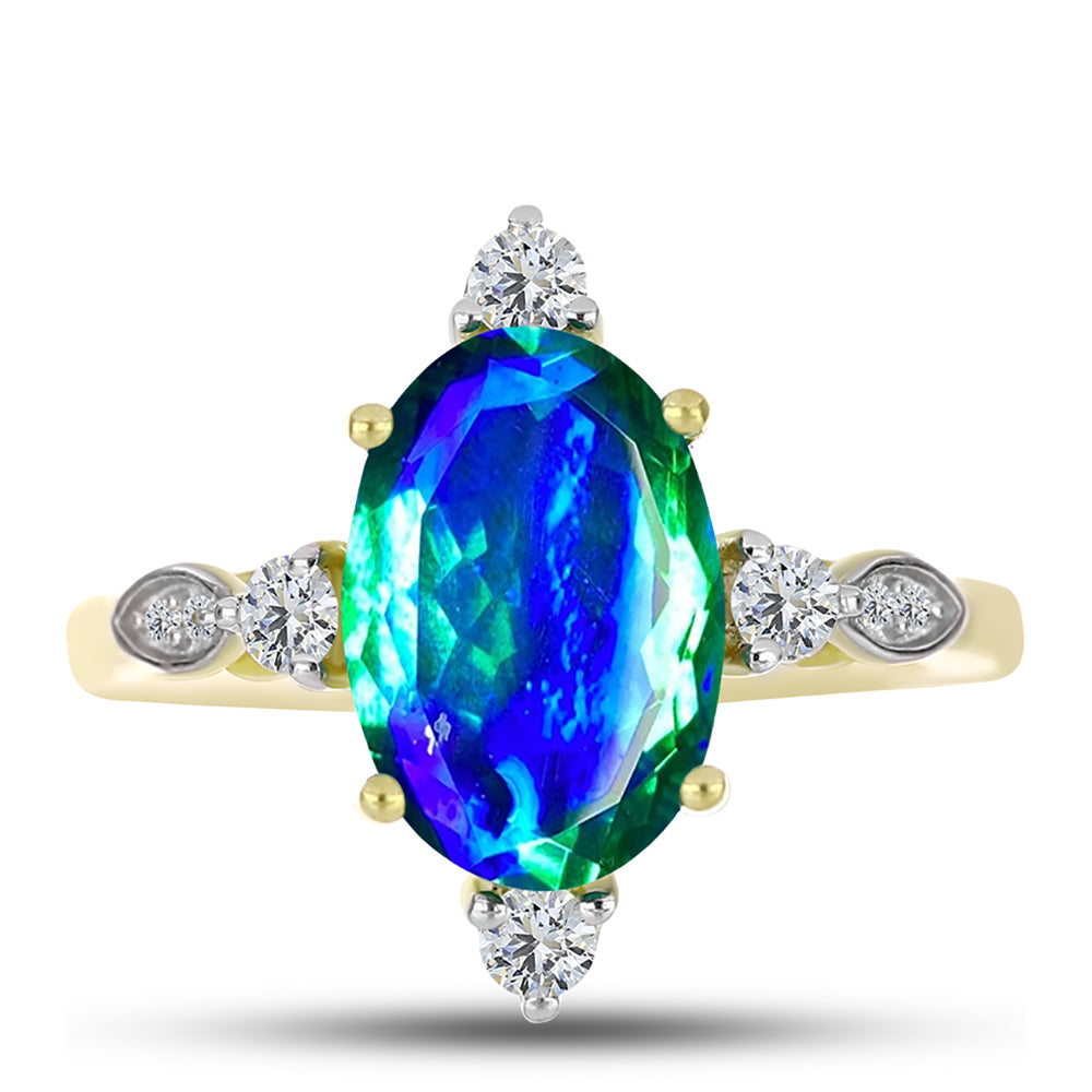 Anillo de Plata Bañada en Oro con Cuarzo Pavo Real y Topacio Blanco