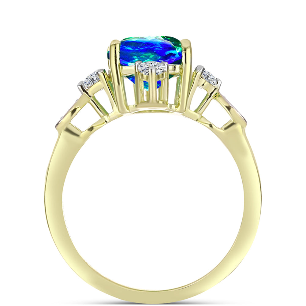 Anillo de Plata Bañada en Oro con Cuarzo Pavo Real y Topacio Blanco