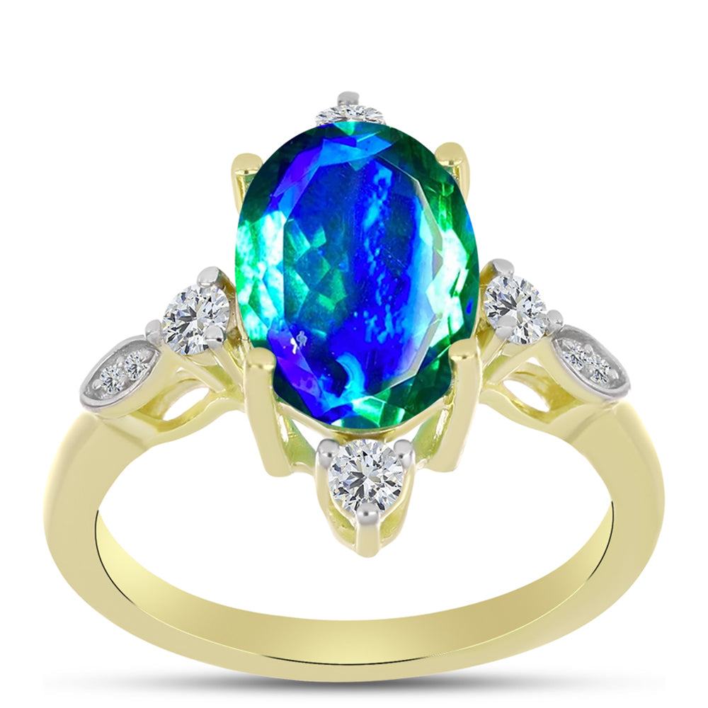 Anillo de Plata Bañada en Oro con Cuarzo Pavo Real y Topacio Blanco