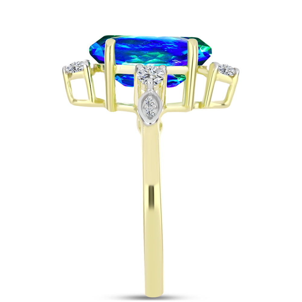 Anillo de Plata Bañada en Oro con Cuarzo Pavo Real y Topacio Blanco