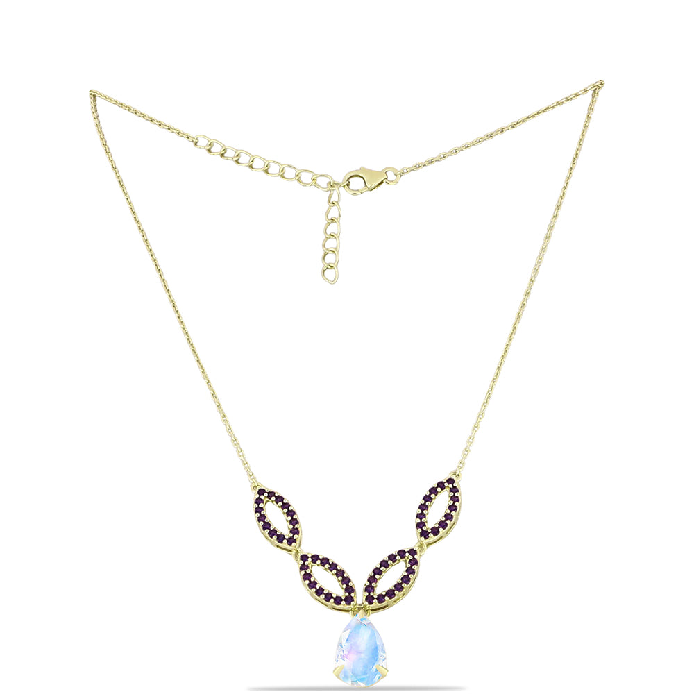 Collar de Plata Bañada en Oro con Piedra Lunar Arco Iris y Amatista de Marruecos 1 